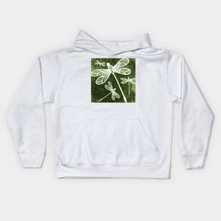 Magical white dragonflies on grunge green background Kids Hoodie